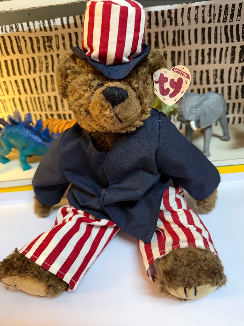 Vintage Ty Patriotic Bear in Navy Jacket with Red and White Striped Hat & Pants